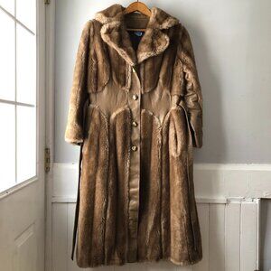 70's Brown Faux Fur & Faux Leather Coat with Tie Belt Vintage Sears Mob Wife